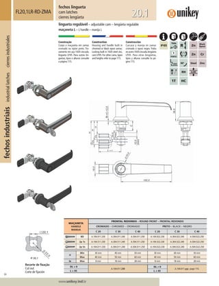 64
Lorem ipsum dolor
Lorem ipsum dolor
Lorem ipsum dolor
www.unikey.ind.br
fechosindustriaisindustriallatchescierresindustriales
20.1
MAÇANETA
HANDLE
MANIJA
FRONTAL REDONDO – ROUND FRONT – FRONTAL REDONDO
CROMADO – CHROMED – CROMADO PRETO – BLACK – NEGRO
C 20 C 30 C 40 C 20 C 30 C 40
BD A.104.011.230 A.304.011.240 A.504.011.250 A.104.022.230 A.304.022.240 A.504.022.250
2p 1s A.104.511.230 A.304.511.240 A.504.511.250 A.104.522.230 A.304.522.240 A.504.522.250
2p Vs A.104.D11.230 A.304.D11.240 A.504.D11.250 A.104.D22.230 A.304.D22.240 A.504.D22.250
H
Min 30 mm 40 mm 50 mm 30 mm 40 mm 50 mm
Max 40 mm 50 mm 60 mm 40 mm 50 mm 60 mm
ts Max 8 mm 18 mm 28 mm 8 mm 18 mm 28 mm
DL = 0
A.104.011.230
DL ≠ 0
A.104.011.yyy page 115.
L = 45 L ≠≠ 45
fechos lingueta
cam latches
cierres lengüeta
FL20,1LR-RD-ZMA
lingueta regulável – adjustable cam – lengüeta regulable
maçaneta L – L handle – manija L
Construção
Corpo e maçaneta em zamac
cromado ou epóxi preto. Tra-
vamento em aço 1020 zincado,
lingueta LP45. Para outras lin-
guetas, tipos e alturas consulte
a página 115.
Construction
Housing and handle built in
chromed or black epoxi zamac.
Locking built in 1020 steel zinc,
cam LP45.For other cams,types
and heights refer to page 115.
Construcción
Carcasa y manija en zamac
cromado o epoxi negro. Traba
enacero1020cincado,lengüeta
LP45. Para otras lengüetas,
tipos y alturas consulte la pá-
gina 115.
Recorte de ﬁxação
Cut out
Corte de ﬁjación
 