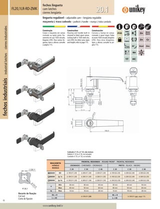 66
Lorem ipsum dolor
Lorem ipsum dolor
Lorem ipsum dolor
www.unikey.ind.br
fechosindustriaisindustriallatchescierresindustriales
20.1
MAÇANETA
HANDLE
MANIJA
FRONTAL REDONDO – ROUND FRONT – FRONTAL REDONDO
CROMADO – CHROMED – CROMADO PRETO – BLACK – NEGRO
C 20 C 30 C 40 C 20 C 30 C 40
BD A.109.011.230 A.309.011.240 A.509.011.250 A.109.022.230 A.309.022.240 A.509.022.250
2p 1s A.109.511.230 A.309.511.240 A.509.511.250 A.109.522.230 A.309.522.240 A.509.522.250
2p Vs A.109.D11.230 A.309.D11.240 A.509.D11.250 A.109.D22.230 A.309.D22.240 A.509.D22.250
H
Min 30 mm 40 mm 50 mm 30 mm 40 mm 50 mm
Max 40 mm 50 mm 60 mm 40 mm 50 mm 60 mm
ts Max 8 mm 18 mm 28 mm 8 mm 18 mm 28 mm
DL = 0
A.109.011.230
DL ≠ 0
A.109.011.yyy page 115.
L = 45 L ≠≠ 45
fechos lingueta
cam latches
cierres lengüeta
FL20,1LR-RD-ZMK
lingueta regulável – adjustable cam – lengüeta regulable
maçaneta L trava cadeado – padlock L handle – manija L traba candado
Construção
Corpo e maçaneta em zamac
cromado ou epóxi preto. Tra-
vamento em aço 1020 zincado,
lingueta LP45. Para outras lin-
guetas, tipos e alturas consulte
a página 115.
Construction
Housing and handle built in
chromed or black epoxi zamac.
Locking built in 1020 steel zinc,
cam LP45.For other cams,types
and heights refer to page 115.
Construcción
Carcasa y manija en zamac
cromado o epoxi negro. Traba
enacero1020cincado,lengüeta
LP45. Para otras lengüetas,
tipos y alturas consulte la pá-
gina 115.
Recorte de ﬁxação
Cut out
Corte de ﬁjación
Cadeado nº 25 a nº 35, não incluso.
Padlock nº 25 to nº 35, not included.
Candado nº 25 a nº 35, no incluído.
 