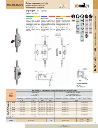 73
www.unikey.ind.br
fechosindustriaisindustriallatchescierresindustriales
20.1
INSERTO
INSERT
INSERTO
MECANISMO DE TRAVAMENTO – LOCKING MECHANISM – MECANISMO DE TRABA
POR VARETAS
BY RODS
POR VARILLAS
POR VARETAS E LINGUETA
BY RODS AND CAM
POR VARILLAS Y LENGÜETA
CROMADO – CHROMED – CROMADO PRETO – BLACK – NEGRO CROMADO – CHROMED – CROMADO PRETO – BLACK – NEGRO
D 20 D 25 D 20 D 25 D 25
FE-2,0 B.110.111.020 B.110.111.025 B.110.122.020 B.110.122.025 B.110.111.225 B.110.122.225
UN-D3 B.110.711.020 B.110.711.025 B.110.722.020 B.110.722.025 B.110.711.225 B.110.722.225
QD-8,0 B.110.311.020 B.110.311.025 B.110.322.020 B.110.322.025 B.110.311.225 B.110.322.225
TR-8,0 B.110.411.020 B.110.411.025 B.110.422.020 B.110.422.025 B.110.411.225 B.110.422.225
SE-11 B.110.811.020 B.110.811.025 B.110.822.020 B.110.822.025 B.110.811.225 B.110.822.225
CW-11 B.110.K11.020 B.110.K11.025 B.110.K22.020 B.110.K22.025 B.110.K11.225 B.110.K22.225
ts Max 3,2 mm 3,2 mm
L = 45 B.110.111.225 L ≠≠ 45 B.110.111.y25
L = 35 y = 1
L = 55 y = 3
fechos cremona reversíveis
reversible cremona latches
cierres falleba reversibles
FC20,1CR-RD-ZCH
engrenagem – gear – engrenaje
chaves – keys – llaves
Construção
Corpo e inserto em zamac
cromado ou epóxi preto.Trava-
mento cremona reversível em
zamac zincado e lingueta LP45
em aço 1020 zincado.
Acessórios Opcionais
Consulte a página 29 a 33,
118 e 119.
Construction
Housing and insert built in
chromed or black epoxi zamac.
Reversiblelockingcremonabuilt
inzinczamacandcamLP45built
in 1020 steel zinc.
Optional Accessories
Refer to page 29 to 33, 118
and 119.
Construcción
Carcasa e inserto en zamac
cromado o epoxi negro. Traba
falleba reversible en zamac
cincado y lengüeta LP45 en
acero 1020 cincado.
Accesorios Opcionales
Consulte la página 29 a 33,
118 y 119.
Recorte de ﬁxação
Cut out
Corte de ﬁjación
 