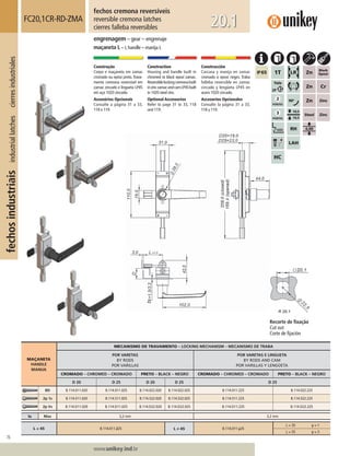 76
Lorem ipsum dolor
Lorem ipsum dolor
Lorem ipsum dolor
www.unikey.ind.br
fechosindustriaisindustriallatchescierresindustriales
20.1
MAÇANETA
HANDLE
MANIJA
MECANISMO DE TRAVAMENTO – LOCKING MECHANISM – MECANISMO DE TRABA
POR VARETAS
BY RODS
POR VARILLAS
POR VARETAS E LINGUETA
BY RODS AND CAM
POR VARILLAS Y LENGÜETA
CROMADO – CHROMED – CROMADO PRETO – BLACK – NEGRO CROMADO – CHROMED – CROMADO PRETO – BLACK – NEGRO
D 20 D 25 D 20 D 25 D 25
BD B.114.011.020 B.114.011.025 B.114.022.020 B.114.022.025 B.114.011.225 B.114.022.225
2p 1s B.114.511.020 B.114.511.025 B.114.522.020 B.114.522.025 B.114.511.225 B.114.522.225
2p Vs B.114.D11.020 B.114.D11.025 B.114.D22.020 B.114.D22.025 B.114.D11.225 B.114.D22.225
ts Max 3,2 mm 3,2 mm
L = 45 B.114.011.225 L ≠≠ 45 B.114.011.y25
L = 35 y = 1
L = 55 y = 3
fechos cremona reversíveis
reversible cremona latches
cierres falleba reversibles
FC20,1CR-RD-ZMA
engrenagem – gear – engrenaje
maçaneta L – L handle – manija L
Construção
Corpo e maçaneta em zamac
cromado ou epóxi preto.Trava-
mento cremona reversível em
zamac zincado e lingueta LP45
em aço 1020 zincado.
Acessórios Opcionais
Consulte a página 31 a 33,
118 e 119.
Construction
Housing and handle built in
chromed or black epoxi zamac.
Reversiblelockingcremonabuilt
inzinczamacandcamLP45built
in 1020 steel zinc.
Optional Accessories
Refer to page 31 to 33, 118
and 119.
Construcción
Carcasa y manija en zamac
cromado o epoxi negro. Traba
falleba reversible en zamac
cincado y lengüeta LP45 en
acero 1020 cincado.
Accesorios Opcionales
Consulte la página 31 a 33,
118 y 119.
Recorte de ﬁxação
Cut out
Corte de ﬁjación
 