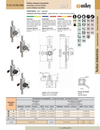 77
www.unikey.ind.br
fechosindustriaisindustriallatchescierresindustriales
20.1
MAÇANETA
HANDLE
MANIJA
MECANISMO DE TRAVAMENTO – LOCKING MECHANISM – MECANISMO DE TRABA
POR VARETAS
BY RODS
POR VARILLAS
POR VARETAS E LINGUETA
BY RODS AND CAM
POR VARILLAS Y LENGÜETA
CROMADO – CHROMED – CROMADO PRETO – BLACK – NEGRO CROMADO – CHROMED – CROMADO PRETO – BLACK – NEGRO
D 20 D 25 D 20 D 25 D 25
BD B.11E.011.020 B.11E.011.025 B.11E.022.020 B.11E.022.025 B.11E.011.225 B.11E.022.225
2p 1s B.11E.511.020 B.11E.511.025 B.11E.522.020 B.11E.522.025 B.11E.511.225 B.11E.522.225
2p Vs B.11E.D11.020 B.11E.D11.025 B.11E.D22.020 B.11E.D22.025 B.11E.D11.225 B.11E.D22.225
ts Max 3,2 mm 3,2 mm
L = 45 B.11E.011.225 L ≠≠ 45 B.11E.011.y25
L = 35 y = 1
L = 55 y = 3
fechos cremona reversíveis
reversible cremona latches
cierres falleba reversibles
FC20,1CR-RD-ZMK
engrenagem – gear – engrenaje
maçaneta curta trava cadeado – padlock short knob – manija corta traba candado
Construção
Corpo e maçaneta em zamac
cromado ou epóxi preto.Trava-
mento cremona reversível em
zamac zincado e lingueta LP45
em aço 1020 zincado.
Acessórios Opcionais
Consulte a página 31 a 33,
118 e 119.
Construction
Housing and knob built in chro-
med or black epoxi zamac. Re-
versiblelockingcremonabuiltin
zinczamacandcamLP45builtin
1020 steel zinc.
Optional Accessories
Refer to page 31 to 33, 118
and 119.
Construcción
Carcasa y manija en zamac
cromado o epoxi negro. Traba
falleba reversible en zamac
cincado y lengüeta LP45 en
acero 1020 cincado
Accesorios Opcionales
Consulte la página 31 a 33,
118 y 119.
Recorte de ﬁxação
Cut out
Corte de ﬁjación
Cadeado nº 25 a nº 35, não incluso.
Padlock nº 25 to nº 35, not included.
Candado nº 25 a nº 35, no incluído.
 
