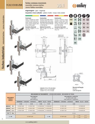 78
Lorem ipsum dolor
Lorem ipsum dolor
Lorem ipsum dolor
www.unikey.ind.br
fechosindustriaisindustriallatchescierresindustriales
20.1
MAÇANETA
HANDLE
MANIJA
MECANISMO DE TRAVAMENTO – LOCKING MECHANISM – MECANISMO DE TRABA
POR VARETAS
BY RODS
POR VARILLAS
POR VARETAS E LINGUETA
BY RODS AND CAM
POR VARILLAS Y LENGÜETA
CROMADO – CHROMED – CROMADO PRETO – BLACK – NEGRO CROMADO – CHROMED – CROMADO PRETO – BLACK – NEGRO
D 20 D 25 D 20 D 25 D 25
BD B.118.011.020 B.118.011.025 B.118.022.020 B.118.022.025 B.118.011.225 B.118.022.225
2p 1s B.118.511.020 B.118.511.025 B.118.522.020 B.118.522.025 B.118.511.225 B.118.522.225
2p Vs B.118.D11.020 B.118.D11.025 B.118.D22.020 B.118.D22.025 B.118.D11.225 B.118.D22.225
ts Max 3,2 mm 3,2 mm
L = 45 B.118.011.225 L ≠≠ 45 B.118.011.y25
L = 35 y = 1
L = 55 y = 3
fechos cremona reversíveis
reversible cremona latches
cierres falleba reversibles
FC20,1CR-RD-ZMK
engrenagem – gear – engrenaje
maçaneta L trava cadeado – padlock L handle – manija L traba candado
Construção
Corpo e maçaneta em zamac
cromado ou epóxi preto.Trava-
mento cremona reversível em
zamac zincado e lingueta LP45
em aço 1020 zincado.
Acessórios Opcionais
Consulte a página 31 a 33,
118 e 119.
Construction
Housing and handle built in
chromed or black epoxi zamac.
Reversiblelockingcremonabuilt
inzinczamacandcamLP45built
in 1020 steel zinc.
Optional Accessories
Refer to page 31 to 33, 118
and 119.
Construcción
Carcasa y manija en zamac
cromado o epoxi negro. Traba
falleba reversible en zamac
cincado y lengüeta LP45 en
acero 1020 cincado.
Accesorios Opcionales
Consulte la página 31 a 33,
118 y 119.
Recorte de ﬁxação
Cut out
Corte de ﬁjación
Cadeado nº 25 a nº 35, não incluso.
Padlock nº 25 to nº 35, not included.
Candado nº 25 a nº 35, no incluído.
 