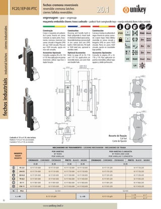 80
Lorem ipsum dolor
Lorem ipsum dolor
Lorem ipsum dolor
www.unikey.ind.br
fechosindustriaisindustriallatchescierresindustriales
20.1
INSERTO
INSERT
INSERTO
MECANISMO DE TRAVAMENTO – LOCKING MECHANISM – MECANISMO DE TRABA
POR VARETAS
BY RODS
POR VARILLAS
POR VARETAS E LINGUETA
BY RODS AND CAM
POR VARILLAS Y LENGÜETA
CROMADO – CHROMED – CROMADO PRETO – BLACK – NEGRO CROMADO – CHROMED – CROMADO PRETO – BLACK – NEGRO
D 20 D 25 D 20 D 25 D 25
FE-2,0 B.117.131.020 B.117.131.025 B.117.132.020 B.117.132.025 B.117.131.225 B.117.132.225
UN-D3 B.117.731.020 B.117.731.025 B.117.732.020 B.117.732.025 B.117.731.225 B.117.732.225
QD-8,0 B.117.331.020 B.117.331.025 B.117.332.020 B.117.332.025 B.117.331.225 B.117.332.225
TR-8,0 B.117.431.020 B.117.431.025 B.117.432.020 B.117.432.025 B.117.431.225 B.117.432.225
SE-11 B.117.831.020 B.117.831.025 B.117.832.020 B.117.832.025 B.117.831.225 B.117.832.225
CW-11 B.117.K31.020 B.117.K31.025 B.117.K32.020 B.117.K32.025 B.117.K31.225 B.117.K32.225
ts Max 3,2 mm 3,2 mm
L = 45 B.117.131.225 L ≠≠ 45 B.117.131.y25
L = 35 y = 1
L = 55 y = 3
fechos cremona reversíveis
reversible cremona latches
cierres falleba reversibles
FC20,1EP-EK-PTC
engrenagem – gear – engrenaje
maçaneta embutida chaves trava cadeado – padlock ﬂush swinghandle keys – manija embutida llaves traba candado
Construção
Corpo e maçaneta em poliami-
da 6 preta. Inserto em zamac
cromado ou epóxi preto.Trava-
mento cremona reversível em
zamac zincado e lingueta LP45
em aço 1020 zincado. Pino em
aço 1020 zincado, opção em
inox sob consulta.
Acessórios Opcionais
Consulte a página 29 a 33, 118
e 119.Para aplicação em portas
reversíveis utilizar tapa-furo e
dupla furação.
Construction
Housing and handle built in
black polyamide 6. Insert built
inchromedorblackepoxizamac.
Reversiblelockingcremonabuilt
in zinc zamac and cam LP45
built in 1020 steel zinc. Pin built
in 1020 steel zinc, opcional in
stainless steel.
Optional Accessories
Refer to page 29 to 33, 118
and 119. For application on
reversible doors, use cover hole
and double hole.
Construcción
Carcasaymanijaenpoliamida6
negra.Inserto en zamac croma-
do o epoxi negro.Traba falleba
reversible en zamac cincado y
lengüeta LP45 en acero 1020
cincado. Perno en acero 1020
cincado, opción en inoxidable
bajo pedido.
Accesorios Opcionales
Consulte la página 29 a 33,
118 y 119. Para aplicación en
puertasreversibles,utilizartapa
agujero y doble perforación.
Cadeado nº 25 a nº 35, não incluso.
Padlock nº 25 to nº 35, not included.
Candado nº 25 a nº 35, no incluído.
Recorte de ﬁxação
Cut out
Corte de ﬁjación
 