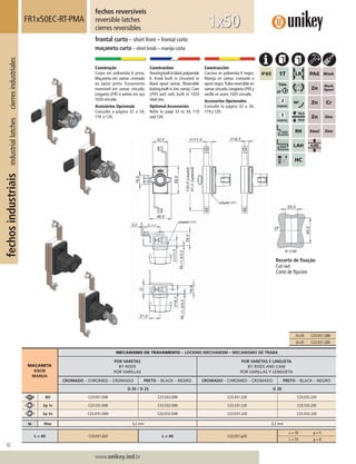 82
Lorem ipsum dolor
Lorem ipsum dolor
Lorem ipsum dolor
www.unikey.ind.br
fechosindustriaisindustriallatchescierresindustriales
20.1
MAÇANETA
KNOB
MANIJA
MECANISMO DE TRAVAMENTO – LOCKING MECHANISM – MECANISMO DE TRABA
POR VARETAS
BY RODS
POR VARILLAS
POR VARETAS E LINGUETA
BY RODS AND CAM
POR VARILLAS Y LENGÜETA
CROMADO – CHROMED – CROMADO PRETO – BLACK – NEGRO CROMADO – CHROMED – CROMADO PRETO – BLACK – NEGRO
D 20 / D 25 D 20
BD C23.031.D00 C23.032.D00 C23.031.220 C23.032.220
2p 1s C23.531.D00 C23.532.D00 C23.531.220 C23.532.220
2p Vs C23.D31.D00 C23.D32.D00 C23.D31.220 C23.D32.220
ts Max 3,2 mm 3,2 mm
L = 45 C23.031.220 L ≠ 45 C23.031.y20
L = 35 y = 5
L = 55 y = 8
fechos reversíveis
reversible latches
cierres reversibles
FR1x50EC-RT-PMA
frontal curto – short front – frontal corto
maçaneta curta – short knob – manija corta
1x50
Construção
Corpo em poliamida 6 preta.
Maçaneta em zamac cromado
ou epóxi preto. Travamento
reversível em zamac zincado.
Lingueta LP45 e vareta em aço
1020 zincado.
Acessórios Opcionais
Consulte a página 32 a 34,
119 e 120.
Construction
Housingbuiltinblackpolyamide
6. Knob built in chromed or
black epoxi zamac. Reversible
locking built in zinc zamac.Cam
LP45 and rods built in 1020
steel zinc.
Optional Accessories
Refer to page 32 to 34, 119
and 120.
Construcción
Carcasa en poliamida 6 negra.
Manija en zamac cromado o
epoxi negro.Traba reversible en
zamaccincado.LengüetaLP45y
varilla en acero 1020 cincado.
Accesorios Opcionales
Consulte la página 32 a 34,
119 y 120.
Recorte de ﬁxação
Cut out
Corte de ﬁjación
D=20 C23.031.220
D=25 C23.031.225
 
