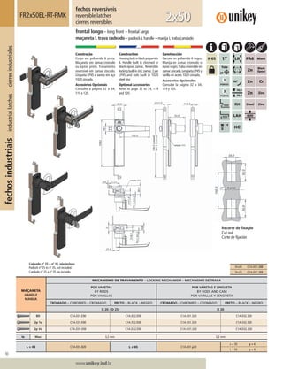 90
Lorem ipsum dolor
Lorem ipsum dolor
Lorem ipsum dolor
www.unikey.ind.br
fechosindustriaisindustriallatchescierresindustriales
20.1
MAÇANETA
HANDLE
MANIJA
MECANISMO DE TRAVAMENTO – LOCKING MECHANISM – MECANISMO DE TRABA
POR VARETAS
BY RODS
POR VARILLAS
POR VARETAS E LINGUETA
BY RODS AND CAM
POR VARILLAS Y LENGÜETA
CROMADO – CHROMED – CROMADO PRETO – BLACK – NEGRO CROMADO – CHROMED – CROMADO PRETO – BLACK – NEGRO
D 20 / D 25 D 20
BD C1A.031.E00 C1A.032.E00 C1A.031.320 C1A.032.320
2p 1s C1A.531.E00 C1A.532.E00 C1A.531.320 C1A.532.320
2p Vs C1A.D31.E00 C1A.D32.E00 C1A.D31.320 C1A.D32.320
ts Max 3,2 mm 3,2 mm
L = 45 C1A.031.320 L ≠ 45 C1A.031.y20
L = 35 y = 6
L = 55 y = 9
fechos reversíveis
reversible latches
cierres reversibles
FR2x50EL-RT-PMK
frontal longo – long front – frontal largo
maçaneta L trava cadeado – padlock L handle – manija L traba candado
2x50
Construção
Corpo em poliamida 6 preta.
Maçaneta em zamac cromado
ou epóxi preto. Travamento
reversível em zamac zincado.
Lingueta LP45 e vareta em aço
1020 zincado.
Acessórios Opcionais
Consulte a página 32 a 34,
119 e 120.
Construction
Housingbuiltinblackpolyamide
6. Handle built in chromed or
black epoxi zamac. Reversible
locking built in zinc zamac.Cam
LP45 and rods built in 1020
steel zinc
Optional Accessories
Refer to page 32 to 34, 119
and 120.
Construcción
Carcasa en poliamida 6 negra.
Manija en zamac cromado o
epoxi negro.Traba reversible en
zamaccincado.LengüetaLP45y
varilla en acero 1020 cincado.
Accesorios Opcionales
Consulte la página 32 a 34,
119 y 120.
Recorte de ﬁxação
Cut out
Corte de ﬁjación
Cadeado nº 25 a nº 35, não incluso.
Padlock nº 25 to nº 35, not included.
Candado nº 25 a nº 35, no incluído.
D=20 C1A.031.320
D=25 C1A.031.325
 