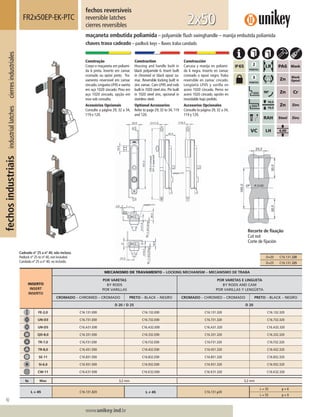 92
Lorem ipsum dolor
Lorem ipsum dolor
Lorem ipsum dolor
www.unikey.ind.br
fechosindustriaisindustriallatchescierresindustriales
20.1
INSERTO
INSERT
INSERTO
MECANISMO DE TRAVAMENTO – LOCKING MECHANISM – MECANISMO DE TRABA
POR VARETAS
BY RODS
POR VARILLAS
POR VARETAS E LINGUETA
BY RODS AND CAM
POR VARILLAS Y LENGÜETA
CROMADO – CHROMED – CROMADO PRETO – BLACK – NEGRO CROMADO – CHROMED – CROMADO PRETO – BLACK – NEGRO
D 20 / D 25 D 20
FE-2,0 C16.131.E00 C16.132.E00 C16.131.320 C16.132.320
UN-D3 C16.731.E00 C16.732.E00 C16.731.320 C16.732.320
UN-D5 C16.A31.E00 C16.A32.E00 C16.A31.320 C16.A32.320
QD-8,0 C16.331.E00 C16.332.E00 C16.331.320 C16.332.320
TR-7,0 C16.F31.E00 C16.F32.E00 C16.F31.320 C16.F32.320
TR-8,0 C16.431.E00 C16.432.E00 C16.431.320 C16.432.320
SE-11 C16.831.E00 C16.832.E00 C16.831.320 C16.832.320
SI-6,0 C16.931.E00 C16.932.E00 C16.931.320 C16.932.320
CW-11 C16.K31.E00 C16.K32.E00 C16.K31.320 C16.K32.320
ts Max 3,2 mm 3,2 mm
L = 45 C16.131.320 L ≠ 45 C16.131.y20
L = 35 y = 6
L = 55 y = 9
fechos reversíveis
reversible latches
cierres reversibles
FR2x50EP-EK-PTC
maçaneta embutida poliamida – polyamide ﬂush swinghandle – manija embutida poliamida
chaves trava cadeado – padlock keys – llaves traba candado
2x50
Construção
Corpo e maçaneta em poliami-
da 6 preta. Inserto em zamac
cromado ou epóxi preto. Tra-
vamento reversível em zamac
zincado.Lingueta LP45 e vareta
em aço 1020 zincado. Pino em
aço 1020 zincado, opção em
inox sob consulta.
Acessórios Opcionais
Consulte a página 29, 32 a 34,
119 e 120.
Construction
Housing and handle built in
black polyamide 6. Insert built
in chromed or black epoxi za-
mac. Reversible locking built in
zinc zamac. Cam LP45 and rods
built in 1020 steel zinc. Pin built
in 1020 steel zinc, opcional in
stainless steel.
Optional Accessories
Refer to page 29, 32 to 34, 119
and 120.
Construcción
Carcasa y manija en poliami-
da 6 negra. Inserto en zamac
cromado o epoxi negro. Traba
reversible en zamac cincado.
Lengüeta LP45 y varilla en
acero 1020 cincado. Perno en
acero 1020 cincado, opción en
inoxidable bajo pedido.
Accesorios Opcionales
Consulte la página 29, 32 a 34,
119 y 120.
Recorte de ﬁxação
Cut out
Corte de ﬁjación
Cadeado nº 25 a nº 40, não incluso.
Padlock nº 25 to nº 40, not included.
Candado nº 25 a nº 40, no incluído.
D=20 C16.131.320
D=25 C16.131.325
 