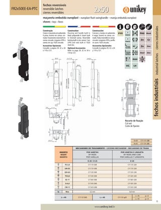 95
www.unikey.ind.br
fechosindustriaisindustriallatchescierresindustriales
20.1
INSERTO
INSERT
INSERTO
MECANISMO DE TRAVAMENTO – LOCKING MECHANISM – MECANISMO DE TRABA
POR VARETAS
BY RODS
POR VARILLAS
POR VARETAS E LINGUETA
BY RODS AND CAM
POR VARILLAS Y LENGÜETA
D 20 / D 25 D 20
FE-2,0 C17.131.E00 C17.131.320
UN-D3 C17.731.E00 C17.731.320
QD-8,0 C17.331.E00 C17.331.230
TR-8,0 C17.431.E00 C17.431.320
SE-11 C17.831.E00 C17.831.320
SI-6,0 C17.931.E00 C17.931.320
CW-11 C17.K31.E00 C17.K31.320
ts Max 3,2 mm 6,0 mm
L = 45 C17.131.320 L ≠ 45 C17.131.y20
L = 35 y = 6
L = 55 y = 9
fechos reversíveis
reversible latches
cierres reversibles
FR2x50EE-EA-PTC
maçaneta embutida europlast – europlast ﬂush swinghandle – manija embutida europlast
chaves – keys – llaves
2x50
Construção
Corpoemaçanetaempoliamida
6 preta. Inserto em zamac cro-
mado.Travamentoreversívelem
zamac zincado.Lingueta LP45 e
vareta em aço 1020 zincado.
Acessórios Opcionais
Consulte a página 29, 32 a 34
e 119 a 121.
Construction
Housing and handle built in
black polyamide 6. Insert built
in chromed zamac. Reversible
locking built in zinc zamac.Cam
LP45 and rods built in 1020
steel zinc.
Optional Accessories
Refer to page 29, 32 to 34 e
119 to 121.
Construcción
Carcasa y manija en poliamida
6 negra. Inserto en zamac cro-
mado.Trabareversibleenzamac
cincado.LengüetaLP45yvarilla
en acero 1020 cincado.
Accesorios Opcionales
Consulte la página 29, 32 a 34
y 119 a 121.
Recorte de ﬁxação
Cut out
Corte de ﬁjación
D=20 C17.131.320
D=25 C17.131.325
 
