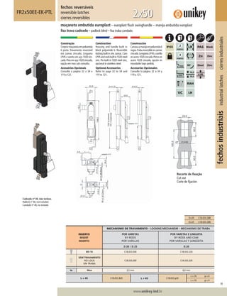 99
www.unikey.ind.br
fechosindustriaisindustriallatchescierresindustriales
20.1
INSERTO
INSERT
INSERTO
MECANISMO DE TRAVAMENTO – LOCKING MECHANISM – MECANISMO DE TRABA
POR VARETAS
BY RODS
POR VARILLAS
POR VARETAS E LINGUETA
BY RODS AND CAM
POR VARILLAS Y LENGÜETA
D 20 / D 25 D 20
BD-16 C18.033.E00 C18.033.320
SEM TRAVAMENTO
NO LOCK
SIN TRABA
C18.S3S.E00 C18.S3S.320
ts Max 3,5 mm 6,0 mm
L = 45 C18.033.320 L ≠≠ 45 C18.033.y20
L = 35 y = 6
L = 55 y = 9
Construção
Corpoemaçanetaempoliamida
6 preta. Travamento reversível
em zamac zincado. Lingueta
LP45 e vareta em aço 1020 zin-
cado.Pinoemaço1020zincado,
opção em inox sob consulta.
Acessórios Opcionais
Consulte a página 32 a 34 e
119 a 121.
Construction
Housing and handle built in
black polyamide 6. Reversible
locking built in zinc zamac.Cam
LP45androdsbuiltin1020steel
zinc. Pin built in 1020 steel zinc,
opcional in stainless steel.
Optional Accessories
Refer to page 32 to 34 and
119 to 121.
Construcción
Carcasaymanijaenpoliamida6
negra.Trabareversibleenzamac
cincado.LengüetaLP45yvarilla
enacero1020cincado.Pernoen
acero 1020 cincado, opción en
inoxidable bajo pedido.
Accesorios Opcionales
Consulte la página 32 a 34 y
119 a 121.
fechos reversíveis
reversible latches
cierres reversibles
maçaneta embutida europlast – europlast ﬂush swinghandle – manija embutida europlast
lisa trava cadeado – padlock blind – lisa traba candado
2x50
Recorte de ﬁxação
Cut out
Corte de ﬁjación
Cadeado nº 40, não incluso.
Padlock nº 40, not included.
Candado nº 40, no incluído.
D=20 C18.033.320
D=25 C18.033.325
FR2x50EE-EK-PTL
 