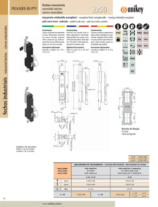 100
Lorem ipsum dolor
Lorem ipsum dolor
Lorem ipsum dolor
www.unikey.ind.br
fechosindustriaisindustriallatchescierresindustriales
20.1
YALE EURO
YALE EURO
YALE EURO
MECANISMO DE TRAVAMENTO – LOCKING MECHANISM – MECANISMO DE TRABA
POR VARETAS
BY RODS
POR VARILLAS
POR VARETAS E LINGUETA
BY RODS AND CAM
POR VARILLAS Y LENGÜETA
D 20 / D 25 D 20
1p 1s C18.631.E00 C18.631.320
1p Vs C18.E31.E00 C18.E31.320
ts Max 3,2 mm 6,0 mm
L = 45 C18.631.320 L ≠ 45 C18.631.y20
L = 35 y = 6
L = 55 y = 9
fechos reversíveis
reversible latches
cierres reversibles
FR2x50EE-EK-PTY
maçaneta embutida europlast – europlast ﬂush swinghandle – manija embutida europlast
yale euro trava cadeado – padlock yale euro – yale euro traba candado
2x50
Construção
Corpoemaçanetaempoliamida
6 preta. Travamento reversível
em zamac zincado. Lingueta
LP45 e vareta em aço 1020 zin-
cado.Pinoemaço1020zincado,
opção em inox sob consulta.
Acessórios Opcionais
Consulte a página 32 a 34 e
119 a 121.
Construction
Housing and handle built in
black polyamide 6. Reversible
locking built in zinc zamac.Cam
LP45androdsbuiltin1020steel
zinc. Pin built in 1020 steel zinc,
opcional in stainless steel.
Optional Accessories
Refer to page 32 to 34 and
119 to 121.
Construcción
Carcasaymanijaenpoliamida6
negra.Trabareversibleenzamac
cincado.LengüetaLP45yvarilla
enacero1020cincado.Pernoen
acero 1020 cincado, opción en
inoxidable bajo pedido.
Accesorios Opcionales
Consulte la página 32 a 34 y
119 a 121.
Recorte de ﬁxação
Cut out
Corte de ﬁjación
Cadeado nº 40, não incluso.
Padlock nº 40, not included.
Candado nº 40, no incluído.
D=20 C18.631.320
D=25 C18.631.325
 