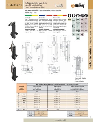 101
www.unikey.ind.br
fechosindustriaisindustriallatchescierresindustriales
20.1
INSERTO
INSERT
INSERTO
MECANISMO DE TRAVAMENTO – LOCKING MECHANISM – MECANISMO DE TRABA
POR LINGUETA
BY CAM
POR LENGÜETA
POR VARETAS
BY RODS
POR VARILLAS
POR VARETAS E LINGUETA
BY RODS AND CAM
POR VARILLAS Y LENGÜETA
D 20 D 25 D 25
FE-2,0 B.026.121.820 B.126.121.025 B.126.121.225
UN-D3 B.026.721.820 B.126.721.025 B.126.721.225
QD-8,0 B.026.321.820 B.126.321.025 B.126.321.225
TR-8,0 B.026.421.820 B.126.421.025 B.126.421.225
SE-11 B.026.821.820 B.126.821.025 B.126.821.225
SI-6,0 B.026.921.820 B.126.921.025 B.126.921.225
CW-11 B.026.K21.820 B.126.K21.025 B.126.K21.225
ts Max 3,2 mm 3,2 mm 3,2 mm
L = 45 B.026.121.820 L = 45 B.126.121.225
L ≠ 45 B.026.121.y20 L ≠ 45 B.126.121.y25
L = 55 y = 9 L = 55 y = 3
fechos embutidos reversíveis
reversible built-in latches
cierres embutidos reversibles
FE1x46ET-EA-ZTC
maçaneta embutida – ﬂush swinghandle – manija embutida
chaves – keys – llaves
1x46
Construção
Corpo e maçaneta em zamac
epóxi preto. Inserto em zamac
cromado.Travamento reversível
em zamac zincado. Lingueta
TP45 (por lingueta) e lingueta
LP45 (por varetas e lingueta)
em aço 1020 zincado.
Acessórios Opcionais
Consulte a página 29, 31 a 33,
118, 119 e 121.
Construction
Housing and handle built in
black epoxi zamac. Insert built
in chromed zamac. Reversible
locking built in zinc zamac.Cam
TP45 (by cam) and cam LP45
(by rods and cam) built in 1020
steel zinc.
Optional Accessories
Refer to page 29,31 to 33,118,
119 and 121.
Construcción
Carcasa y manija en zamac
epoxi negro. Inserto en zamac
cromado. Traba reversible en
zamac cincado. Lengüeta TP45
(por lengüeta) y lengüeta LP45
(porvarillasylengüeta)enacero
1020 cincado.
Accesorios Opcionales
Consulte la página 29, 31 a 33,
118, 119 y 121.
Recorte de ﬁxação
Cut out
Corte de ﬁjación
 