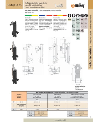 103
www.unikey.ind.br
fechosindustriaisindustriallatchescierresindustriales
20.1
INSERTO
INSERT
INSERTO
MECANISMO DE TRAVAMENTO – LOCKING MECHANISM – MECANISMO DE TRABA
POR LINGUETA
BY CAM
POR LENGÜETA
POR VARETAS
BY RODS
POR VARILLAS
POR VARETAS E LINGUETA
BY RODS AND CAM
POR VARILLAS Y LENGÜETA
D 20 D 25 D 25
BD-16 B.026.023.820 B.126.023.025 B.126.023.225
SEM TRAVAMENTO
NO LOCK
SIN TRABA
B.026.S2S.820 B.126.S2S.025 B.126.S2S.225
ts Max 3,2 mm 3,2 mm 3,2 mm
L = 45 B.026.023.820 L = 45 B.126.023.225
L ≠ 45 B.026.023.y20 L ≠ 45 B.126.023.y25
L = 55 y = 9 L = 55 y = 3
fechos embutidos reversíveis
reversible built-in latches
cierres embutidos reversibles
FE1x46ET-EA-ZTL
maçaneta embutida – ﬂush swinghandle – manija embutida
lisa – blind – lisa
1x46
Construção
Corpo e maçaneta em zamac
epóxipreto.Travamentoreversí-
vel em zamac zincado.Lingueta
TP45 (por lingueta) e lingueta
LP45 (por varetas e lingueta)
em aço 1020 zincado.
Acessórios Opcionais
Consulte a página 31 a 33,118,
119 e 121.
Construction
Housingandhandlebuiltinblack
epoxi zamac. Reversible locking
builtinzinczamac.CamTP45(by
cam)andcamLP45(byrodsand
cam) built in 1020 steel zinc.
Optional Accessories
Refer to page 31 to 33, 118,
119 and 121.
Construcción
Carcasa y manija en zamac
epoxi negro.Traba reversible en
zamac cincado. Lengüeta TP45
(por lengüeta) y lengüeta LP45
(porvarillasylengüeta)enacero
1020 cincado.
Accesorios Opcionales
Consultelapágina31a33,118,
119 y 121.
Recorte de ﬁxação
Cut out
Corte de ﬁjación
 