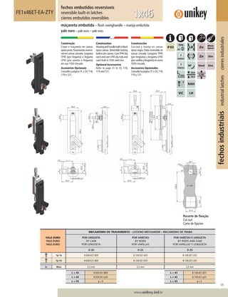 105
www.unikey.ind.br
fechosindustriaisindustriallatchescierresindustriales
20.1
YALE EURO
YALE EURO
YALE EURO
MECANISMO DE TRAVAMENTO – LOCKING MECHANISM – MECANISMO DE TRABA
POR LINGUETA
BY CAM
POR LENGÜETA
POR VARETAS
BY RODS
POR VARILLAS
POR VARETAS E LINGUETA
BY RODS AND CAM
POR VARILLAS Y LENGÜETA
D 20 D 25 D 25
1p 1s B.026.621.820 B.126.621.025 B.126.621.225
1p Vs B.026.E21.820 B.126.E21.025 B.126.E21.225
ts Max 3,2 mm 3,2 mm 3,2 mm
L = 45 B.026.621.820 L = 45 B.126.621.225
L ≠ 45 B.026.621.y20 L ≠ 45 B.126.621.y25
L = 55 y = 9 L = 55 y = 3
fechos embutidos reversíveis
reversible built-in latches
cierres embutidos reversibles
FE1x46ET-EA-ZTY
maçaneta embutida – ﬂush swinghandle – manija embutida
yale euro – yale euro – yale euro
1x46
Construção
Corpo e maçaneta em zamac
epóxipreto.Travamentoreversí-
vel em zamac zincado.Lingueta
TP45 (por lingueta) e lingueta
LP45 (por varetas e lingueta)
em aço 1020 zincado.
Acessórios Opcionais
Consulte a página 31 a 33,118,
119 e 121.
Construction
Housingandhandlebuiltinblack
epoxi zamac. Reversible locking
builtinzinczamac.CamTP45(by
cam)andcamLP45(byrodsand
cam) built in 1020 steel zinc.
Optional Accessories
Refer to page 31 to 33, 118,
119 and 121.
Construcción
Carcasa y manija en zamac
epoxi negro.Traba reversible en
zamac cincado. Lengüeta TP45
(por lengüeta) y lengüeta LP45
(porvarillasylengüeta)enacero
1020 cincado.
Accesorios Opcionales
Consultelapágina31a33,118,
119 y 121.
Recorte de ﬁxação
Cut out
Corte de ﬁjación
 