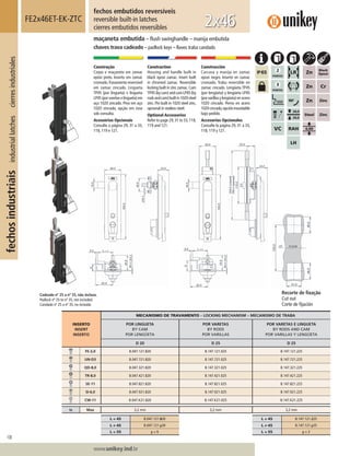 108
Lorem ipsum dolor
Lorem ipsum dolor
Lorem ipsum dolor
www.unikey.ind.br
fechosindustriaisindustriallatchescierresindustriales
20.1
INSERTO
INSERT
INSERTO
MECANISMO DE TRAVAMENTO – LOCKING MECHANISM – MECANISMO DE TRABA
POR LINGUETA
BY CAM
POR LENGÜETA
POR VARETAS
BY RODS
POR VARILLAS
POR VARETAS E LINGUETA
BY RODS AND CAM
POR VARILLAS Y LENGÜETA
D 20 D 25 D 25
FE-2,0 B.047.121.820 B.147.121.025 B.147.121.225
UN-D3 B.047.721.820 B.147.721.025 B.147.721.225
QD-8,0 B.047.321.820 B.147.321.025 B.147.321.225
TR-8,0 B.047.421.820 B.147.421.025 B.147.421.225
SE-11 B.047.821.820 B.147.821.025 B.147.821.225
SI-6,0 B.047.921.820 B.147.921.025 B.147.921.225
CW-11 B.047.K21.820 B.147.K21.025 B.147.K21.225
ts Max 3,2 mm 3,2 mm 3,2 mm
L = 45 B.047.121.820 L = 45 B.147.121.225
L ≠ 45 B.047.121.y20 L ≠≠ 45 B.147.121.y25
L = 55 y = 9 L = 55 y = 3
Construção
Corpo e maçaneta em zamac
epóxi preto. Inserto em zamac
cromado.Travamento reversível
em zamac zincado. Lingueta
TP45 (por lingueta) e lingueta
LP45(porvaretaselingueta)em
aço 1020 zincado. Pino em aço
1020 zincado, opção em inox
sob consulta.
Acessórios Opcionais
Consulte a página 29, 31 a 33,
118, 119 e 121.
Construction
Housing and handle built in
black epoxi zamac. Insert built
in chromed zamac. Reversible
locking built in zinc zamac.Cam
TP45(bycam)andcamLP45(by
rodsandcam)builtin1020steel
zinc. Pin built in 1020 steel zinc,
opcional in stailess steel.
Optional Accessories
Refer to page 29,31 to 33,118,
119 and 121.
Construcción
Carcasa y manija en zamac
epoxi negro. Inserto en zamac
cromado. Traba reversible en
zamac cincado. Lengüeta TP45
(por lengüeta) y lengüeta LP45
(porvarillasylengüeta)enacero
1020 cincado. Perno en acero
1020cincado,opcióninoxidable
bajo pedido.
Accesorios Opcionales
Consulte la página 29, 31 a 33,
118, 119 y 121.
fechos embutidos reversíveis
reversible built-in latches
cierres embutidos reversibles
FE2x46ET-EK-ZTC
maçaneta embutida – ﬂush swinghandle – manija embutida
chaves trava cadeado – padlock keys – llaves traba candado
2x46
Recorte de ﬁxação
Cut out
Corte de ﬁjación
Cadeado nº 25 a nº 35, não incluso.
Padlock nº 25 to nº 35, not included.
Candado nº 25 a nº 35, no incluído.
 