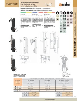 111
www.unikey.ind.br
fechosindustriaisindustriallatchescierresindustriales
20.1
YALE EURO
YALE EURO
YALE EURO
MECANISMO DE TRAVAMENTO – LOCKING MECHANISM – MECANISMO DE TRABA
POR LINGUETA
BY CAM
POR LENGÜETA
POR VARETAS
BY RODS
POR VARILLAS
POR VARETAS E LINGUETA
BY RODS AND CAM
POR VARILLAS Y LENGÜETA
D 20 D 25 D 25
1p 1s B.027.621.820 B.127.621.025 B.127.621.225
1p Vs B.027.E21.820 B.127.E21.025 B.127.E21.225
ts Max 3,2 mm 3,2 mm 3,2 mm
L = 45 B.027.621.820 L = 45 B.127.621.225
L ≠ 45 B.027.621.y20 L ≠ 45 B.127.621.y25
L = 55 y = 9 L = 55 y = 3
fechos embutidos reversíveis
reversible built-in latches
cierres embutidos reversibles
FE1x46ET-EK-ZTY
maçaneta embutida – ﬂush swinghandle – manija embutida
yale euro trava cadeado – padlock yale euro – yale euro traba candado
1x46
Construção
Corpo e maçaneta em zamac
epóxipreto.Travamentoreversí-
vel em zamac zincado.Lingueta
TP45 (por lingueta) e lingueta
LP45(porvaretaselingueta)em
aço 1020 zincado. Pino em aço
1020 zincado, opção em inox
sob consulta
Acessórios Opcionais
Consulte a página 31 a 33,118,
119 e 121.
Construction
Housingandhandlebuiltinblack
epoxi zamac.Reversible locking
builtinzinczamac.CamTP45(by
cam)andcamLP45(byrodsand
cam) built in 1020 steel zinc.Pin
built in 1020 steel zinc,opcional
in stailess steel.
Optional Accessories
Refer to page 31 to 33, 118,
119 and 121.
Construcción
Carcasa y manija en zamac
epoxi negro.Traba reversible en
zamac cincado. Lengüeta TP45
(por lengüeta) y lengüeta LP45
(porvarillasylengüeta)enacero
1020 cincado. Perno en acero
1020cincado,opcióninoxidable
bajo pedido.
Accesorios Opcionales
Consultelapágina31a33,118,
119 y 121.
Recorte de ﬁxação
Cut out
Corte de ﬁjación
Cadeado nº 25 a nº 35, não incluso.
Padlock nº 25 to nº 35, not included.
Candado nº 25 a nº 35, no incluído.
 