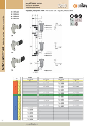 116
Lorem ipsum dolor
Lorem ipsum dolor
Lorem ipsum dolor
www.unikey.ind.br
fechosindustriaisindustriallatchescierresindustriales
415TP45OB
419TP35OB
419TP45OB
419TP55OB
linguetas protegidas 4mm – 4mm covered cam – lengüetas protegidas 4mm
acessórios de fechos
latches accessories
accesorios de cierres S800
T35
T45
T55
DL
415TP 419TP
415TP45OB 419TP35OB 419TP45OB 419TP55OB
(mm) 45 35 45 55
(-)>>
-14 L.819.T35.B30 L.819.T45.B30 L.819.T55.B30
-12 L.819.T45.B28
-10 L.819.T45.B26
-9 L.819.T35.B25 L.819.T45.B25 L.819.T55.B25
-8 L.819.T45.B24
-6 L.819.T45.B22
-5 L.819.T45.B21
-4 L.819.T35.B20 L.819.T45.B20 L.819.T55.B20
-2 L.819.T45.B18
0 L.819.T35.B20 L.819.T45.B20 L.819.T55.B20
(+)>>
1 L.819.T45.B21
2 L.819.T45.B22
4 T.819.T45.B24
5 L.819.T35.B25 L.819.T45.B25 L.819.T55.B25
6 L.819.T45.B26
8 L.819.T45.B28
10 L.819.T35.B30 L.819.T45.B30 L.819.T55.B30
12 L.819.T45.B32
15 L.815.T45.B35
18 L.815.T45.B38
20 L.815.T45.B40
25 L.815.T45.B45
30 L.815.T45.B50
35 L.815.T45.B55
40 L.815.T45.B60
50 L.815.T45.B70
60 L.815.T45.B80
 