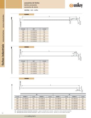 118
Lorem ipsum dolor
Lorem ipsum dolor
Lorem ipsum dolor
www.unikey.ind.br
fechosindustriaisindustriallatchescierresindustriales
varetas – rods – varillas
acessórios de fechos
latches accessories
accesorios de cierres
A (mm) D07 L (mm)
1600 V.212.000.687 687
1700 V.212.000.737 737
1800 V.212.000.787 787
1900 V.212.000.837 837
2000 V.212.000.887 887
2100 V.212.000.937 937
2200 V.212.000.987 987
VQM8D
VRM8D
A (mm) D07 L (mm)
1600 V.511.000.687 687
1700 V.511.000.737 737
1800 V.511.000.787 787
1900 V.511.000.837 837
2000 V.511.000.887 887
2100 V.511.000.937 937
2200 V.511.000.987 987
FE FC
A (mm) VRM8R–1 L (mm) VRM8R–2 L (mm) VRM8R–1 L (mm) VRM8R–2 L (mm)
1600 V.411.000.622 622 V.411.000.752 752 V.411.000.632 632 V.411.000.742 742
1700 V.411.000.672 672 V.411.000.802 802 V.411.000.682 682 V.411.000.792 792
1800 V.411.000.722 722 V.411.000.852 852 V.411.000.732 732 V.411.000.842 842
1900 V.411.000.772 772 V.411.000.902 902 V.411.000.782 782 V.411.000.892 892
2000 V.411.000.822 822 V.411.000.952 952 V.411.000.832 832 V.411.000.942 942
2100 V.411.000.872 872 V.411.001.002 1002 V.411.000.882 882 V.411.000.992 992
2200 V.411.000.922 922 V.411.001.052 1052 V.411.000.932 932 V.411.001.042 1042
FE – aplicação para fechos embutidos reversíveis – apply to reversible built–in latches – aplicado en cierres embutido reversibles
FC – aplicação para fechos cremona reversíveis – apply to reversible cremona latches – aplicado en cierres falleba reversibles
VRM8R
 