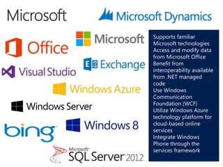 Supports familiar
Microsoft technologies
Access and modify data
from Microsoft Office
Benefit from
interoperability available
from .NET managed
code
Use Windows
Communication
Foundation (WCF)
Utilize Windows Azure
technology platform for
cloud-based online
services
Integrate Windows
Phone through the
services framework
 