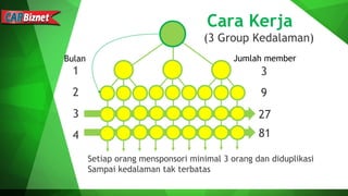 Cara Kerja
(3 Group Kedalaman)
1
2
3
4
3
9
27
81
Setiap orang mensponsori minimal 3 orang dan diduplikasi
Sampai kedalaman tak terbatas
Bulan Jumlah member
 