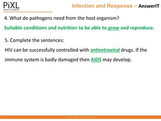 Infection and Response – AnswerIT
4. What do pathogens need from the host organism?
Suitable conditions and nutrition to be able to grow and reproduce.
5. Complete the sentences:
HIV can be successfully controlled with antiretroviral drugs. If the
immune system is badly damaged then AIDS may develop.
 