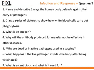 Infection and Response – QuestionIT
1. Name and describe 3 ways the human body defends against the
entry of pathogens.
2. Draw a series of pictures to show how white blood cells carry out
phagocytosis.
3. What is an antigen?
4. Why will the antibody produced for measles not be effective in
other diseases?
5. Why are dead or inactive pathogens used in a vaccine?
6. What happens if the live pathogen invades the body after being
vaccinated?
7. What is an antibiotic and what is it used for?
 