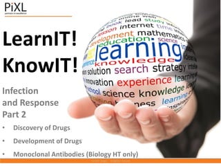 LearnIT!
KnowIT!
Infection
and Response
Part 2
• Discovery of Drugs
• Development of Drugs
• Monoclonal Antibodies (Biology HT only)
 
