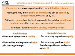 Infection and Response part 1 – Infectious diseases
Pathogens are micro organisms that cause infectious disease.
Pathogens may infect plants or animals and can be spread by
direct contact, by water or by air.
Pathogens depend on the host to provide the suitable conditions
and nutrients that they need to grow and reproduce.
Pathogens can be bacteria, viruses, fungi or protists.
Viral diseases
• Viruses may reproduce rapidly
• Viruses live and reproduce inside
cells causing damage
Bacterial diseases
• Bacteria may reproduce rapidly
• Bacteria may produce toxins
that damage tissues and make
us feel ill
 