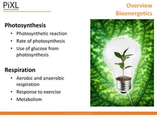 Overview
Bioenergetics
Photosynthesis
• Photosynthetic reaction
• Rate of photosynthesis
• Use of glucose from
photosynthesis
Respiration
• Aerobic and anaerobic
respiration
• Response to exercise
• Metabolism
 