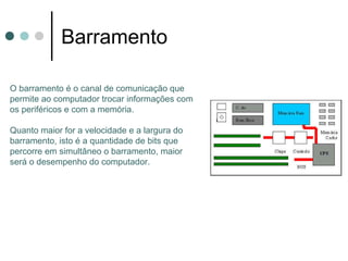 Barramento

O barramento é o canal de comunicação que
permite ao computador trocar informações com
os periféricos e com a memória.

Quanto maior for a velocidade e a largura do
barramento, isto é a quantidade de bits que
percorre em simultâneo o barramento, maior
será o desempenho do computador.
 