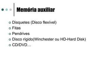 Memória auxiliar

Disquetes (Disco flexível)
Fitas
Pendrives
Disco rígido(Winchester ou HD-Hard Disk)
CD/DVD…
 