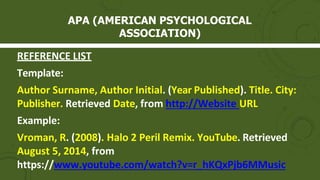 APA (AMERICAN PSYCHOLOGICAL
ASSOCIATION)
REFERENCE LIST
Template:
Author Surname, Author Initial. (Year Published). Title. City:
Publisher. Retrieved Date, from http://Website URL
Example:
Vroman, R. (2008). Halo 2 Peril Remix. YouTube. Retrieved
August 5, 2014, from
https://www.youtube.com/watch?v=r_hKQxPjb6MMusic
 