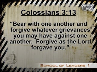 Colossians 3:13 “ Bear with one another and forgive whatever grievances you may have against one another.  Forgive as the Lord forgave you.” 