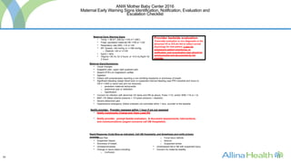 34
ANW Mother Baby Center 2016
Maternal Early Warning Signs Identification, Notification, Evaluation and
Escalation Checklist
Verify single abnormal values and increase monitoring (VS and systems/OB assessments)
frequency q 5-15 min until stable and concerns resolved.
Maternal Early Warning Signs
* Temp: < 96.8 F (36C)or >100.4 F (38C)
* Pulse: persistent maternal HR <=50 or >120
* Respiratory rate (RR): <10 or >24
* BP: Systolic <90 mmHg or >=160 mmHg
o Diastolic <45 or >=105
* SaO2 < 95%
* Oliguria:<35 mL for 2 hours, or <0.5 mL/Kg/hr for
2 hours
Maternal Signs/Symptoms:
* Visual changes
* Epigastric pain, upper right quadrant pain
* Absent DTR’s on magnesium sulfate
* Agitation
* Patient with preeclampsia reporting a non-remitting headache or shortness of breath
* Significant bleeding (weigh blood loss) or suspected internal bleeding (see PPH checklist and move to
OR if >1500 cc blood loss and not resolved);
o persistent maternal tachycardia
o abdominal pain or distention
o hypotension
* Concern for infection with abnormal VS (temp and RR as above, Pulse >110, and/or WBC >15 or < 4)
* MAP <70 (Mean arterial pressure = 1/3 pulse pressure + diastolic)
* Severe abdominal pain
* Hypertensive emergency (follow orderset) not controlled within 1 hour, provider to the bedside.
Notify provider. Provider reassess within 1 hour if s/s not resolved
* Notify Community Charge and Team Lead RN
* Notify provider, prompt beside evaluation, & document assessments, interventions,
and communications (urgent concerns call OB Hospitalist)
Provider notification using SBAR, prompt beside evaluation & documentation
Rapid Response (Code Blue as indicated), Call OB Hospitalist, and Anesthesia and notify primary
provider* Chest Pain
* Suspected Sepsis
* Shortness of breath
* Unresponsiveness
* Change in neuro status including;
o Confusion
o Focal neuro deficits
o Seizure
o Suspected stroke
* Unwitnessed fall or fall with suspected injury
* Concern for maternal stability
Provider bedside evaluation:
If provider evaluation is non diagnostic or the
abnormal VS or S/S are felt to reflect normal
physiology for that patient, a plan for
subsequent patient monitoring, re-
notification, and re-evaluation plan should be
communicated and documented by the
provider.
 