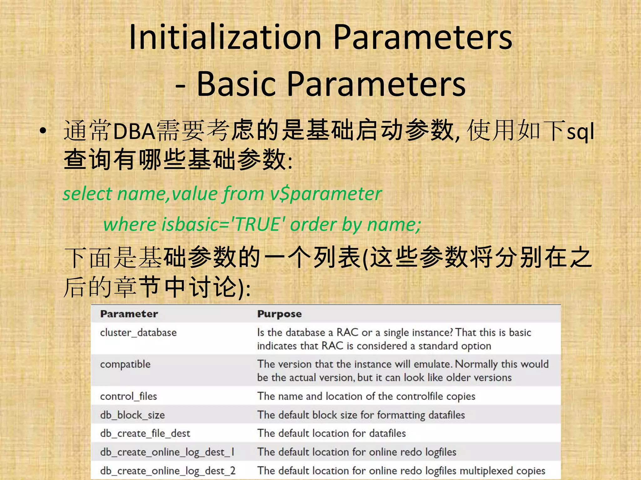 Initialization Parameters
            - Basic Parameters
• 通常DBA需要考虑的是基础启动参数, 使用如下sql
  查询有哪些基础参数:
 select name,value from v$parameter
      where isbasic='TRUE' order by name;
 下面是基础参数的一个列表(这些参数将分别在之
 后的章节中讨论):
 