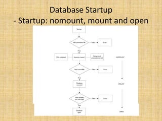 Database Startup
- Startup: nomount, mount and open
 