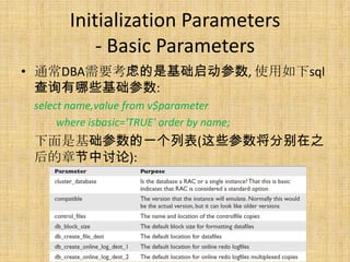 Initialization Parameters
            - Basic Parameters
• 通常DBA需要考虑的是基础启动参数, 使用如下sql
  查询有哪些基础参数:
 select name,value from v$parameter
      where isbasic='TRUE' order by name;
 下面是基础参数的一个列表(这些参数将分别在之
 后的章节中讨论):
 