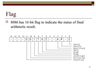 13 
Flag 
 8086 has 16 bit flag to indicate the status of final 
arithmetic result. 
 