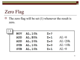 14 
Zero Flag 
 The zero flag will be set (1) whenever the result is 
zero. 
 