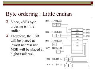 9 
Byte ordering : Little endian 
 Since, x86’s byte 
ordering is little 
endian. 
 Therefore, the LSB 
will be placed at 
lowest address and 
MSB will be placed at 
highest address. 
 
