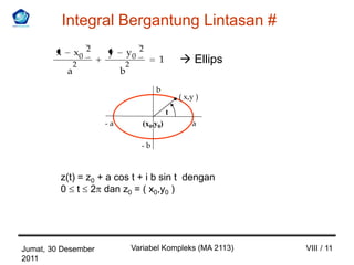 Integral Bergantung Lintasan #
        x       x0 2   y        y0 2
                2               2
                                            1         Ellips
            a               b
                                           b
                                                     ( x,y )
                                                 t
                       -a              (x0,y0)           a

                                      -b



         z(t) = z0 + a cos t + i b sin t dengan
         0 t 2 dan z0 = ( x0,y0 )




Jumat, 30 Desember                  Variabel Kompleks (MA 2113)   VIII / 11
2011
 
