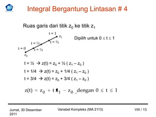 Integral Bergantung Lintasan # 4

       Ruas garis dari titik z0 ke titik z1
                        t=1
                              z1
                                       Dipilih untuk 0      t   1
             t=½        t=¾
    t=0         t=¼
        z0

        t = ½  z(t) = z0 + ½ ( z1 – z0 )
        t = 1/4  z(t) = z0 + 1/4 ( z1 – z0 )
        t = 3/4  z(t) = z0 + 3/4 ( z1 – z0 )

        z(t )      z0    t z1       z 0 dengan 0            t       1


Jumat, 30 Desember            Variabel Kompleks (MA 2113)               VIII / 13
2011
 