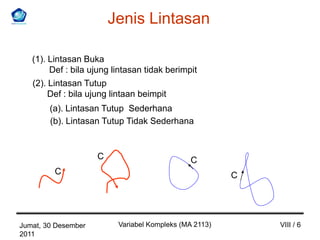 Jenis Lintasan

   (1). Lintasan Buka
        Def : bila ujung lintasan tidak berimpit
   (2). Lintasan Tutup
        Def : bila ujung lintaan beimpit
        (a). Lintasan Tutup Sederhana
        (b). Lintasan Tutup Tidak Sederhana


                     C                         C
         C                                              C




Jumat, 30 Desember        Variabel Kompleks (MA 2113)       VIII / 6
2011
 