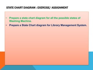 • Prepare a state chart diagram for all the possible states of
Washing Machine.
• Prepare a State Chart diagram for Library Management System.
STATE CHART DIAGRAM : EXERCISE/ ASSIGNMENT
 