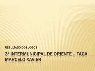 RESULTADO DOS JOGOS

3º INTERMUNICIPAL DE ORIENTE – TAÇA
MARCELO XAVIER
 