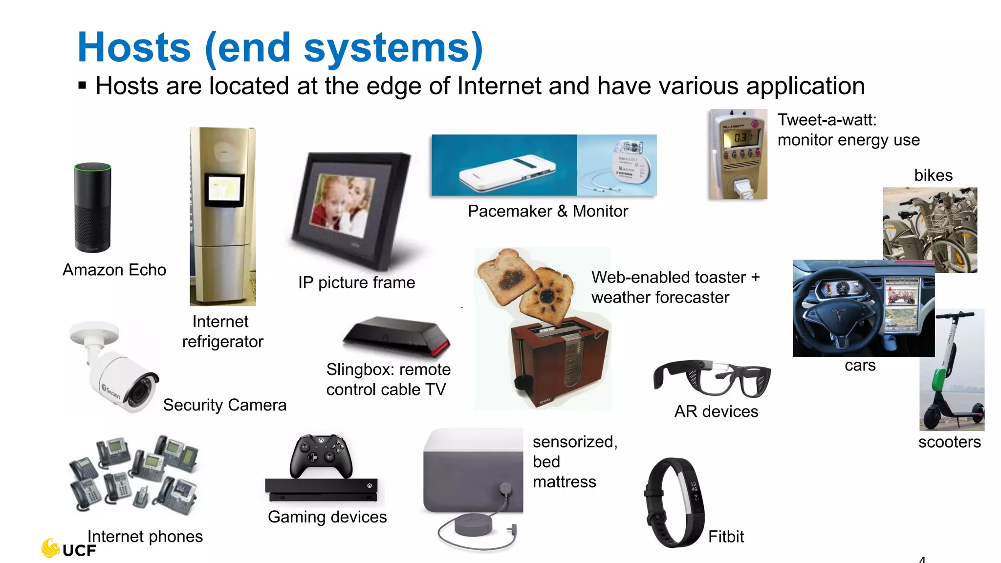 Web-enabled toaster +
weather forecaster
Internet phones
Slingbox: remote
control cable TV
Security Camera
IP picture frame
Internet
refrigerator
Tweet-a-watt:
monitor energy use
sensorized,
bed
mattress
Amazon Echo
Pacemaker & Monitor
AR devices
Fitbit
Gaming devices
cars
scooters
bikes
Hosts (end systems)
▪ Hosts are located at the edge of Internet and have various application
 