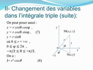 II- Changement des variables
dans l’intégrale triple (suite):
On peut poser aussi :
x = r cosθ cosφ ,
y = r cosθ sinφ , (7)
z = r sinθ
où 0 ≤ r < + ,
0 ≤ φ ≤ 2π ,
−π/2 ≤ θ ≤ +π/2.
On a :
J= r2 cosθ (8)
y
x
z
φ
o
r
M(x,y, z)
z
θ
N(x,y)
 