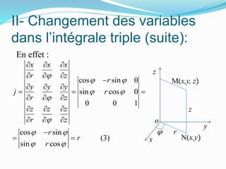 II- Changement des variables
dans l’intégrale triple (suite):
En effet :
cos sin 0
sin cos 0
0 0 1
cos sin
(3)
sin cos
x x x
r z
r
y y y
j r
r z
z z z
r z
r
r
r

 
 


 
 
  
  

  
  
  
  
  

 
y
x
z
φ
o
r
M(x,y, z)
z
N(x,y)
 