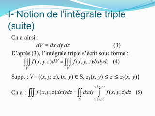 I- Notion de l’intégrale triple
(suite)
On a ainsi :
dV = dx dy dz (3)
D’après (3), l’intégrale triple s’écrit sous forme :
Supp. : V={(x, y, z), (x, y) ∈ S, z1(x, y) ≤ z ≤ z2(x, y)}
On a :
( , , ) ( , , ) (4)
V V
f x y z dV f x y z dxdydz 
2
1
( , )
( , )
( , , ) ( , , ) (5)
z x y
V S z x y
f x y z dxdydz dxdy f x y z dz  
 