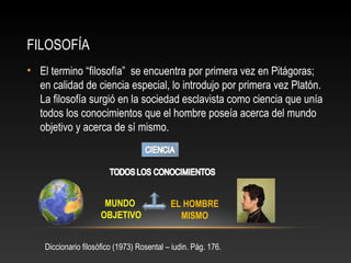 FILOSOFÍA 
• El termino “filosofía” se encuentra por primera vez en Pitágoras; 
en calidad de ciencia especial, lo introdujo por primera vez Platón. 
La filosofía surgió en la sociedad esclavista como ciencia que unía 
todos los conocimientos que el hombre poseía acerca del mundo 
objetivo y acerca de sí mismo. 
MUNDO 
OBJETIVO 
EL HOMBRE 
MISMO 
Diccionario filosófico (1973) Rosental – iudin. Pág. 176. 
 