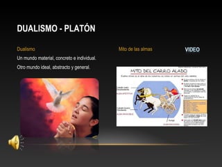 DUALISMO - PLATÓN 
Dualismo Mito de las almas 
Un mundo material, concreto e individual. 
Otro mundo ideal, abstracto y general. 
 
