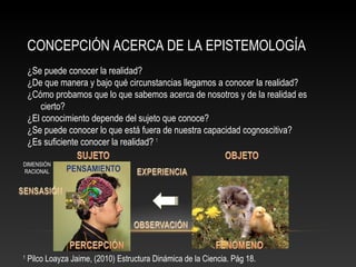 CONCEPCIÓN ACERCA DE LA EPISTEMOLOGÍA 
¿Se puede conocer la realidad? 
¿De que manera y bajo qué circunstancias llegamos a conocer la realidad? 
¿Cómo probamos que lo que sabemos acerca de nosotros y de la realidad es 
cierto? 
¿El conocimiento depende del sujeto que conoce? 
¿Se puede conocer lo que está fuera de nuestra capacidad cognoscitiva? 
¿Es suficiente conocer la realidad? 1 
DIMENSIÓN 
RACIONAL 
1 Pilco Loayza Jaime, (2010) Estructura Dinámica de la Ciencia. Pág 18. 
 
